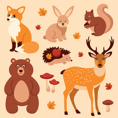 Cute forest animals illustration with fox, deer, bear, rabbit, squirrel, hedgehog, autumn leaves, mushrooms. Woodland wildlife cartoon, fall season clipart for kids and nature design