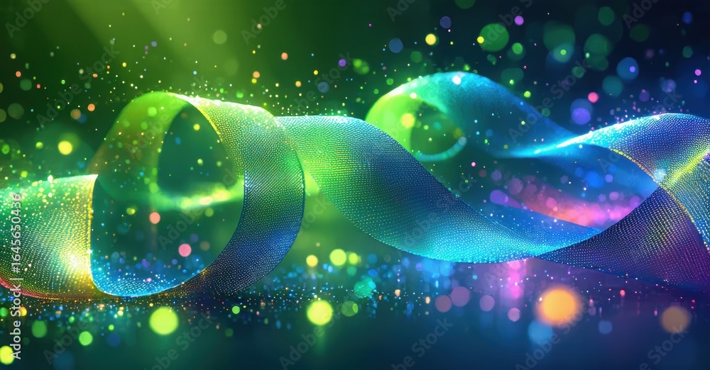 Poster vibrant ribbons flow, illuminated by colorful lights. bokeh effects create dynamic, festive atmosphe