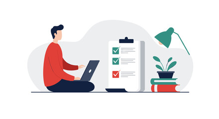 Remote work checklist: man with laptop and task planner in minimalist workspace