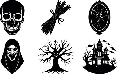 Fototapeta premium Halloween vector silhouette set with spooky icons and elements. Collection of halloween vectors