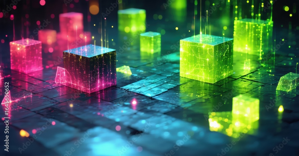 Poster abstract glowing cubes float above reflective surface. vibrant pinks, greens create futuristic digit