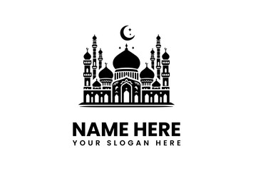 Intricate Black Mosque Silhouette with Crescent Moon and Stars Logo Design.