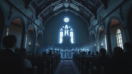 Inside a gothic church, filled with people attending a choir concert or service