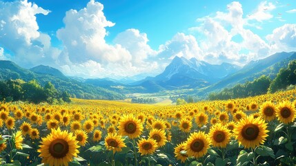 Obraz premium Cartoon Sunflower Field Under Blue Sky, Bright Color Minimalist Background, Cute Anime Aesthetic Illustration
