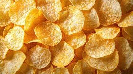 Close-up of crispy golden potato chips with textured surface, showcasing their crunchy and savory appearance, perfect for snack or food product imagery