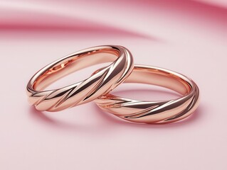 Fototapeta premium Matching rose gold wedding bands with twisted designs, isolated on a soft blush pink surface