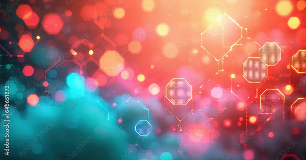 Aufkleber abstract background features vibrant hexagons, glowing particles, dynamic colors. digital network, f