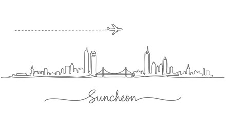 Obraz premium Suncheon Skyline Line Art with Plane.