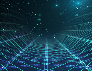 Infinite Neon Wireframe Tunnel in Sci-Fi Cyberspace

