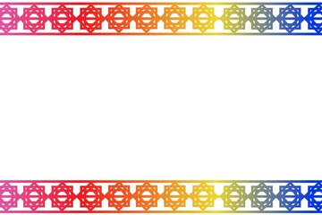 Decorative border repeating eight-pointed star motifs in a rainbow gradient of colors with a white background.