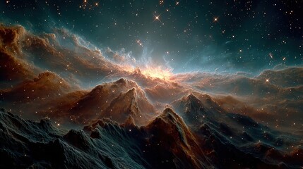 Cosmic landscape; swirling nebula, mountain-like structures, and stars