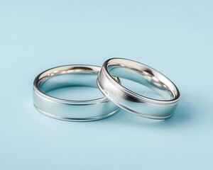 Elegant matching wedding bands in platinum with beveled edges, isolated on a pastel blue surface