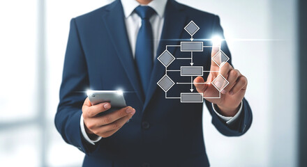 Businessman in suit interacting with a flowchart while holding a smartphone in his other hand