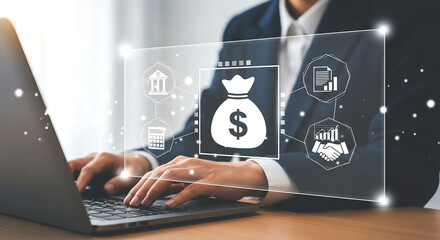 Person typing on laptop with financial icons overlayed on screen representing online banking concept