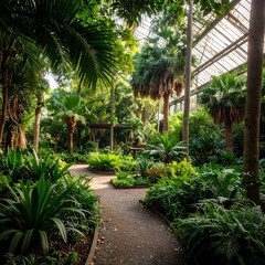 Sunlit path meanders through lush, tropical foliage within a glass-roofed conservatory