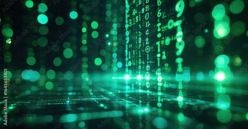 Poster abstract digital background. green glowing code streams, blurred lights create futuristic effect. da