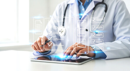 Doctor using tablet with medical form interface and stethoscope in a modern office setting scene