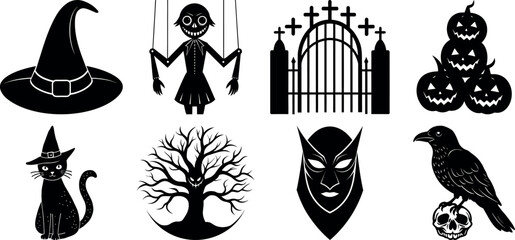 Halloween vector silhouette set with spooky icons and elements. Collection of halloween vectors