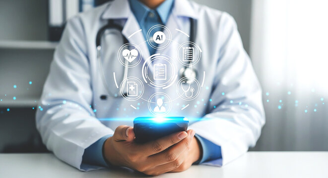 A doctor in a white coat holding a phone with health related icons floating above the device screen