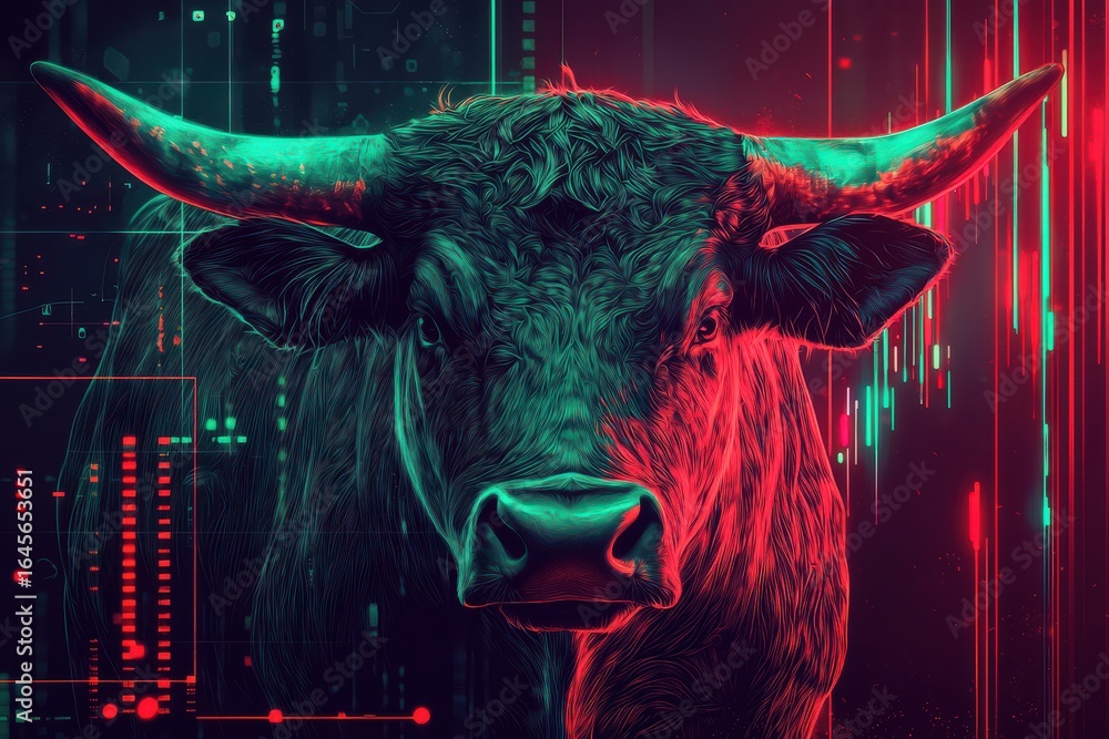 Aufkleber abstract bull with glowing neon lights and digital lines creating a futuristic candlestick chart eff