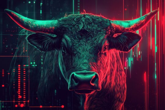 Abstract bull with glowing neon lights and digital lines creating a futuristic candlestick chart effect