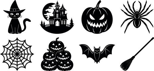 Fototapeta premium Halloween vector silhouette set with spooky icons and elements. Collection of halloween vectors