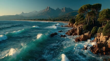 Dramatic coastal scene at sunrise, with crashing waves against rocky shoreline, pine trees, and distant mountains