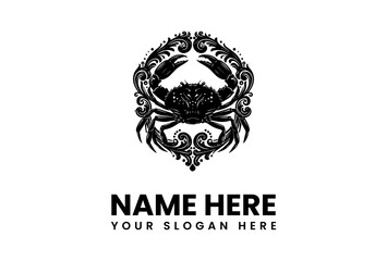 Ornate Black Crab Logo Design with Swirling Floral Frame.