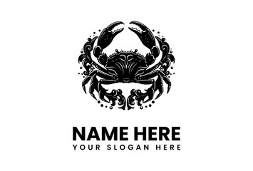 Ornate Black Crab Illustration with Decorative Swirls and Bubbles Design.