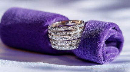 Stacked luxury rings on violet velvet rolls with clean shadow backdrop