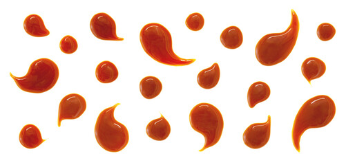 Glossy Caramel Sauce or Liquid Droplets on White Background