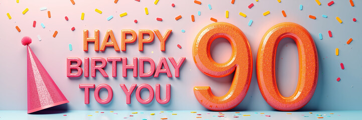 A vibrant illustration celebrating a 90th birthday, featuring a pink party hat, large orange 90 with a gradient effect, and Happy Birthday To You in pink and orange letters.