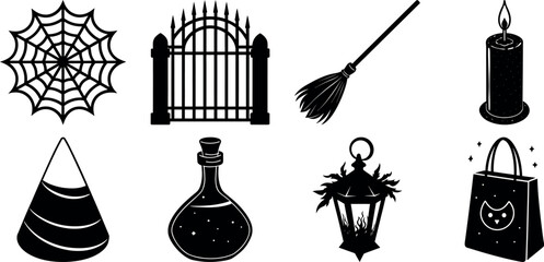 Halloween vector silhouette set with spooky icons and elements. Collection of halloween vectors