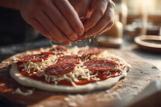 Wrzucanie sera na pizzę z salami &ndash; ostatni etap przed włożeniem do pieca, zapowiedź aromatycznego i soczystego smaku.