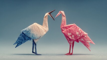 Two origami cranes, one light blue/cream, the other pink/rose, face each other,  detailing precise folds and vibrant colours