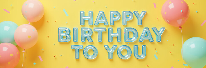 Shiny blue letters spell Happy Birthday To You on a bright yellow background, surrounded by pink and blue balloons with confetti.