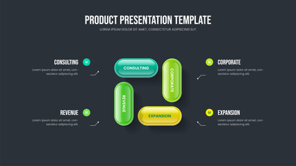 Modern Portfolio Four Element Infographic Slide Layout. Enterprise Visualization Slideshow Template Vector Illustration. Financial Profile 4 Step Diagram Frame Design.