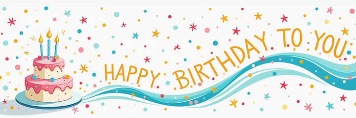 Two-tiered cake with pink icing, three lit candles, and colorful confetti surrounding the Happy Birthday To You message on a white background with blue waves.