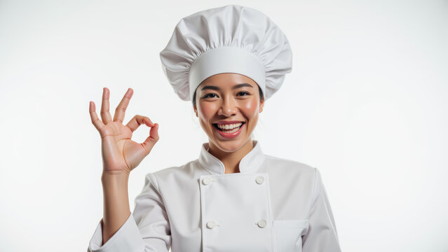 Professional chef smiling and showing okay hand gesture, wearing white chef uniform and hat, against plain background