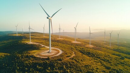 Expansive field of wind turbines spread across a dry landscape under a clear sky with distant mountains in the background