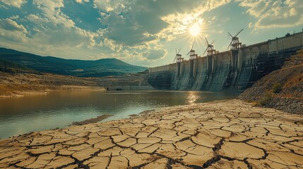 Scenic view of a massive hydroelectric dam with low water levels under a sunny sky, highlighting environmental drought challenges