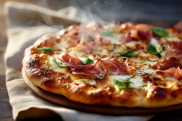Świeżo wyjęta z pieca pizza, gorąca i aromatyczna, z unoszącą się parą, chrupiącym ciastem, roztopionym serem i soczystymi dodatkami, gotowa do podania.