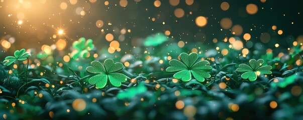 Glowing green shamrocks on a dark background celebrating St. Patrick's Day with a magical atmosphere and sparkling details