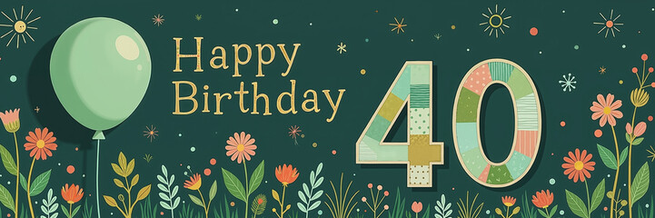 Colorful flowers and green balloon on dark background with gold text Happy Birthday and large number 40.