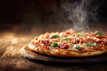 Świeżo wyjęta z pieca pizza, gorąca i aromatyczna, z unoszącą się parą, chrupiącym ciastem, roztopionym serem i soczystymi dodatkami, gotowa do podania.