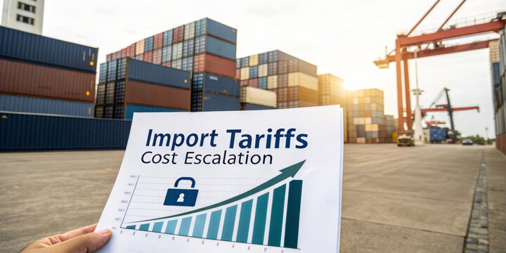 Import tariff cost escalation chart shipping bill cargo container yard industrial port rising costs economic impact logistics global trade financial growth outdoor