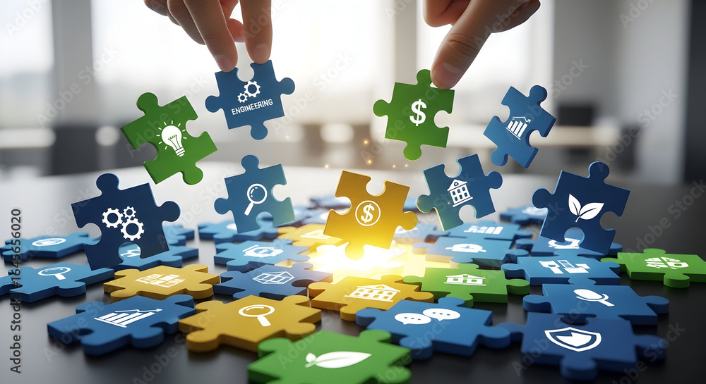 Poster hands assembling puzzle pieces with business icons representing teamwork, problem-solving, and succe