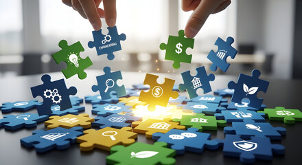 Hands assembling puzzle pieces with business icons representing teamwork, problem-solving, and successful financial strategies for modern innovation and growth
