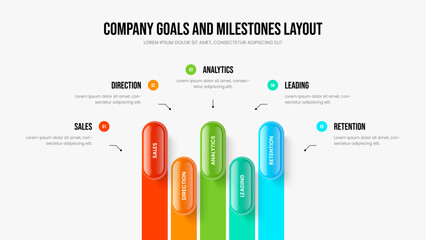 Digital Review Five Option Diagram Presentation Template. Market Forecast 5 Step Infographic Slide Design. Investor Briefing Frame Layout Vector Illustration.