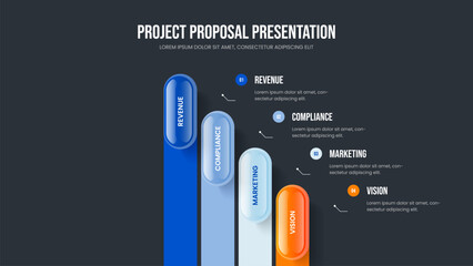 Consulting Solution Four Option Infographic Slideshow Layout. Market Visualization Slide Design Vector Illustration. Project Development 4 Element Diagram Frame Template.